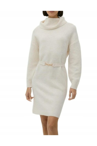 NO BRAND Rochie tricotată crem cu curea, mânecă lungă, guler înalt, m