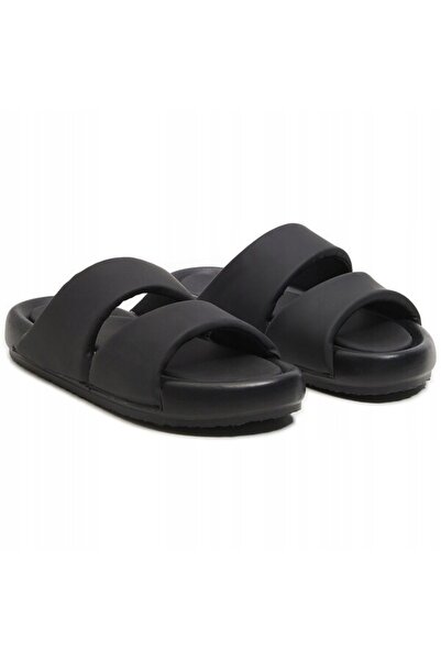 NO BRAND Papuci negri cu barete late, clasici, tip slip-on, cu efect pufos, 36