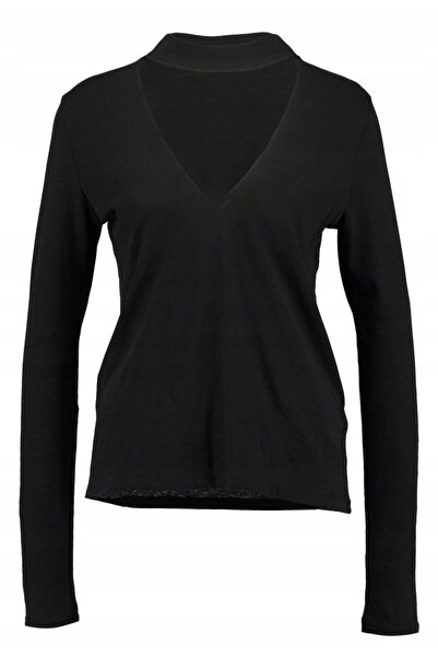 NO BRAND Bluză cu mânecă lungă, simplă, neagră, cu decupaj tip choker, On-Kd S