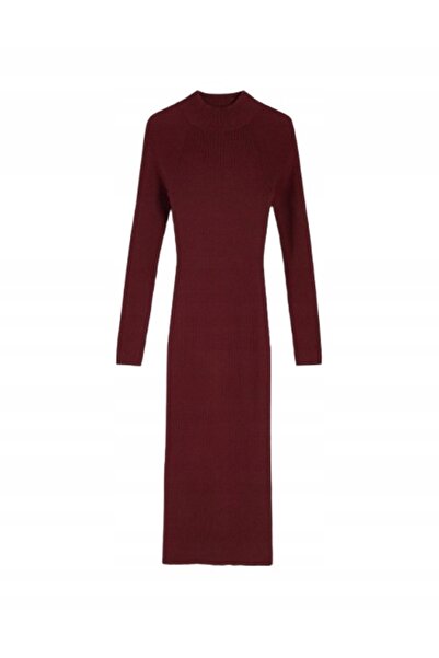 NO BRAND Rochie cu dungi bordo, midaxi, cambrată, cu mânecă lungă, Reserve S