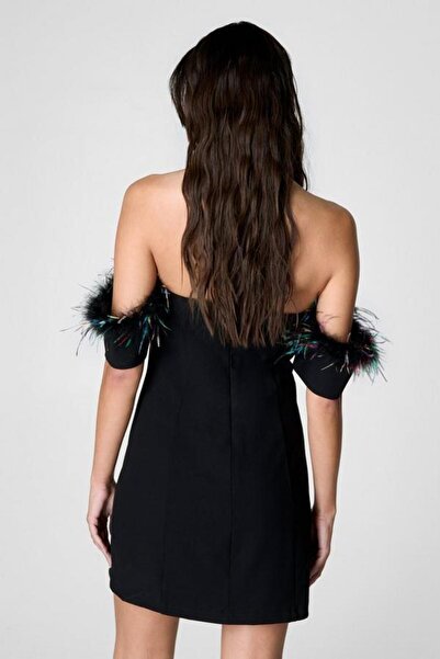 NO BRAND Rochie mini neagră fără mâneci, cu pene, netedă, Gal 42
