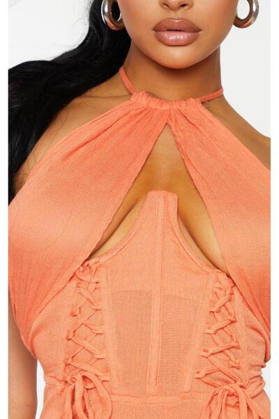 NO BRAND Prettylittlething Rochie mini corset portocalie asimetrică cu șiretu...