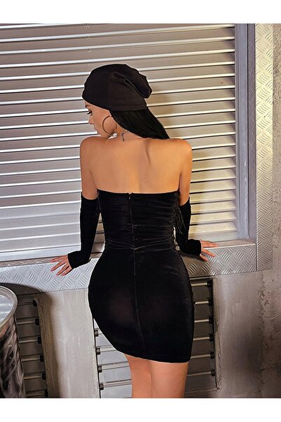 NO BRAND Rochie de catifea neagră, mini, cu imprimeu alb, Shein L
