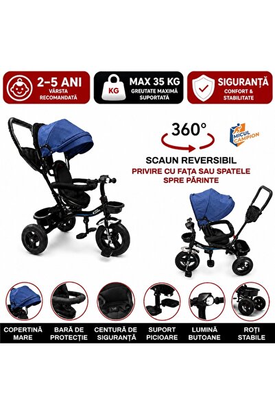 INVINCIO Micul Campion Explorer Tricicletă, 360 °   Scaun reversibil, Lumini și muzică, Copertină extensibilă, Mâner pentru părinți, Roți EVA, Coș de depozitare, Bară de protecție, 2-5 ani, Max. 35 Kg, Albastru