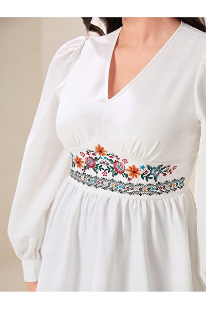 NO BRAND Bluză albă clasică cu mânecă lungă, cu model floral brodat, Shein 36