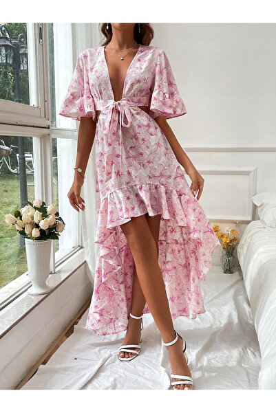 NO BRAND Rochie asimetrică cu imprimeu floral, cu șnur, decolteu adânc, Shein 38