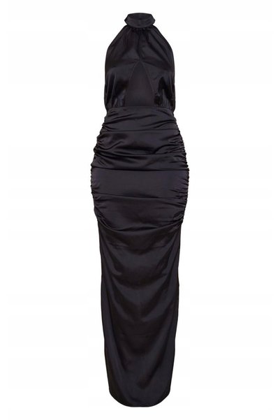 NO BRAND Rochie maxi neagră din satin, drapată, cu guler înalt și decupaje, P...