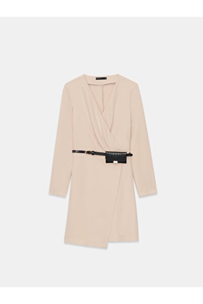 NO BRAND Rochie mini clasică bej tip plic, cu mânecă lungă, netedă, mohito 42