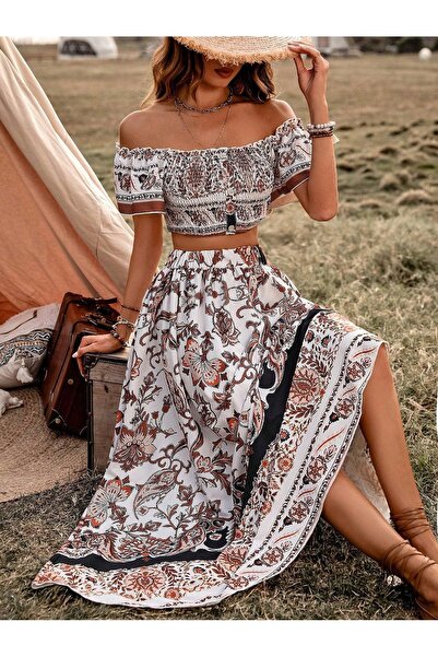 NO BRAND Costum cu fustă, top maxi, cu umerii goi, nasturi, drapat, Shein 40/42