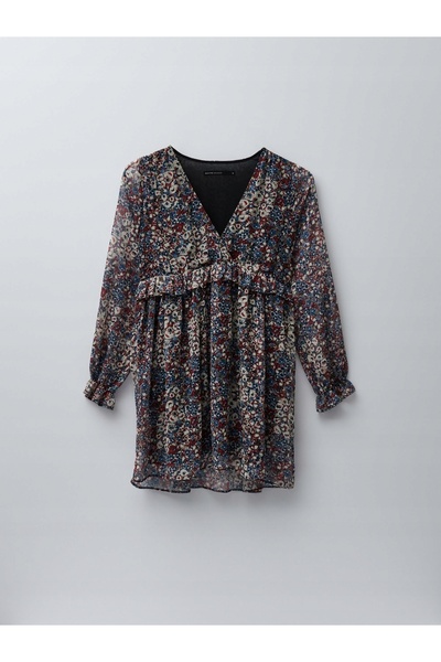 NO BRAND Rochie mini multicoloră cu mânecă lungă, cu imprimeu cu plante, m
