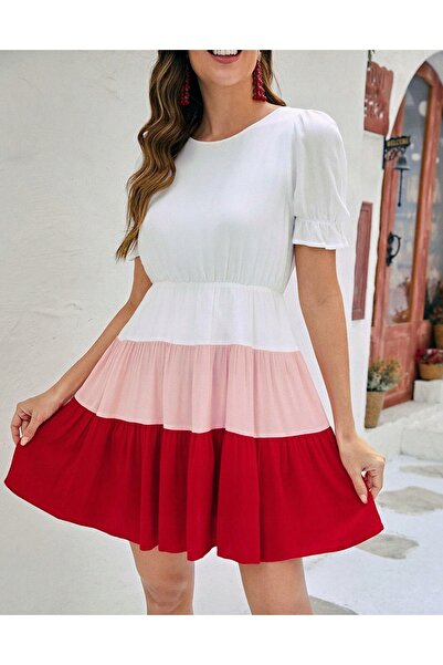 NO BRAND Rochie colorată cu mânecă scurtă, cu volane cu imperfecțiuni, Shein 36