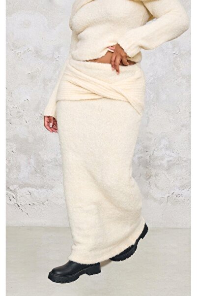 NO BRAND Fustă maxi tricotată crem, cu talie elastică, Prettylittlething XXL