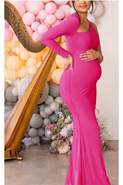 NO BRAND Rochie de maternitate Shein roz, asimetrică, lungă, netedă, mulată, ...