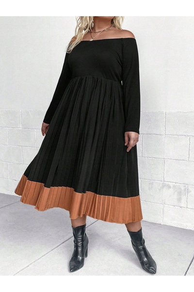 NO BRAND Rochie neagră florală plisată, cu mânecă lungă și umerii goi, Shein 48