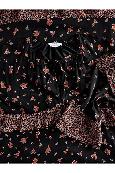 NO BRAND Rochie maxi neagră cu imprimeu floral, cu volane, mânecă lungă, XL
