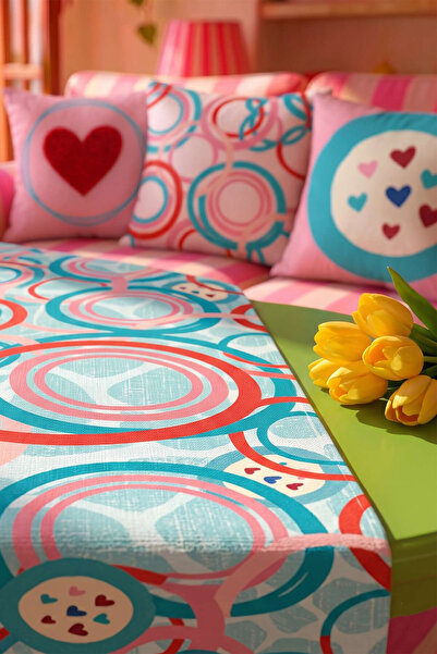 Cango Home Pink Blue Retro Heart Patterned Digital Printed Runner 4Kmbs340-Rn