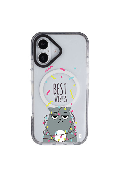 Casen iPhone 16 Yanları Siyah Magsafe Arty Şeffaf Best Wishes Kedi Tasarımlı ...