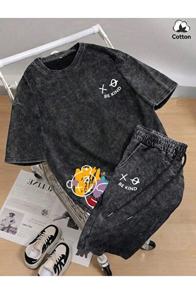 LAND MODA Men's Street Style Graphic Tee and Shorts Set, Stretchy Washed Blac...