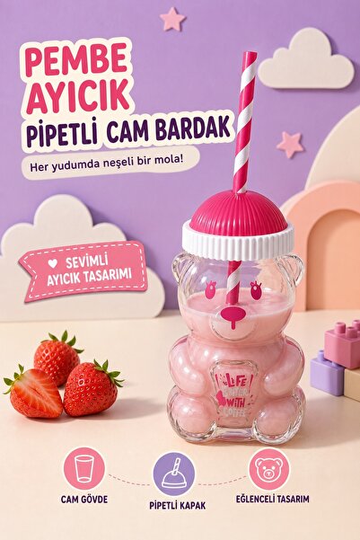 Ezupack Cam Bardak Ayıcıklı Soğuk Frozen Detox Latte İçecek Bardağı Pipetli 5...