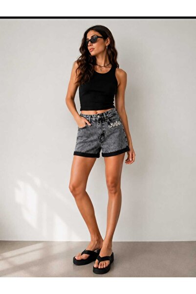 Yumey Denim Stylish Shorts with Stone Accessories