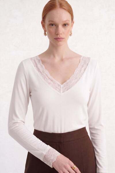 Shopping Shop Blouse with Lace Collar and Sleeves Ecru