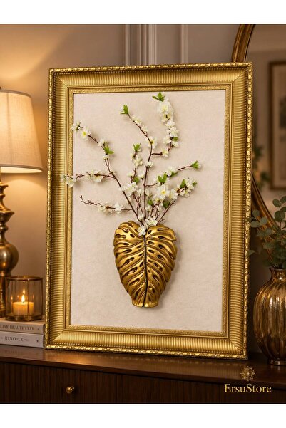 ersu store 110x77cm Lüks Gold Çerçeveli Yaprak Vazo Duvar Panosu – Çiçek Deta...