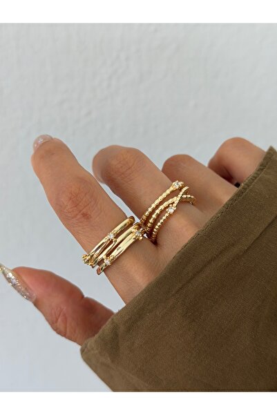 Lavian Accessories 2’li Amelia Zirkon Taşlı Gold Çapraz Yüzük Seti (AYARLANABİLİR)