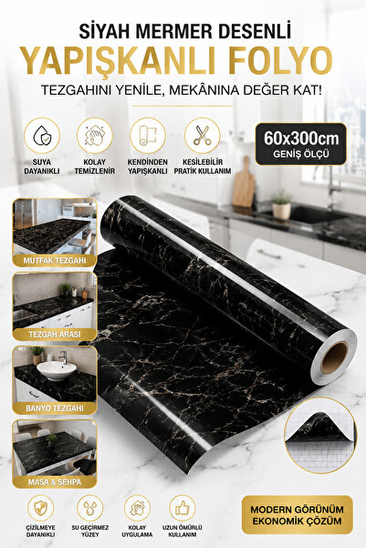 ALL FAST Siyah Mermer Desenli Yapışkanlı Tezgah Kaplama Folyosu 60x300 cm | S...
