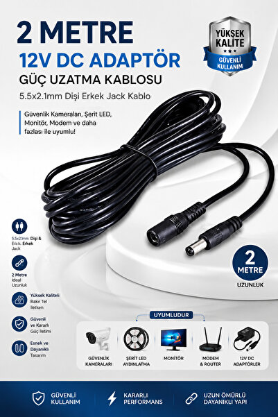 Derwell 2 Metre 12V DC Adaptör Güç Uzatma Kablosu 5.5x2.1mm Güvenlik Kamerası...