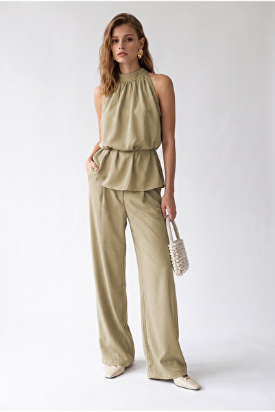 Mixray 2203 Set de damă cu guler halter, cu talie elastică și pantaloni palaz...