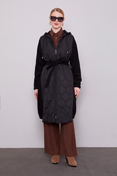Levidor Black Quilted Coat with Embroidered Detail