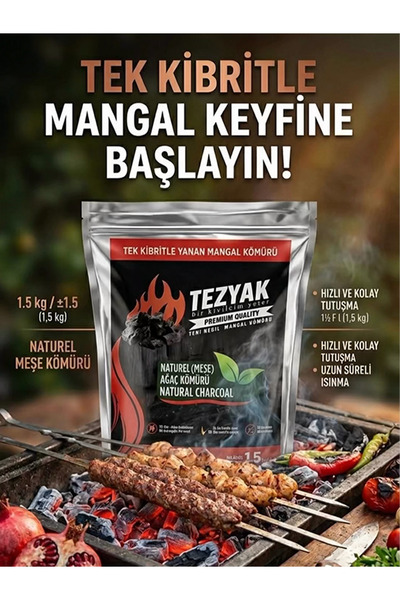 TEZYAK Tek Kibritle Yanan Meşe Mangal Kömürü 1.5 KG