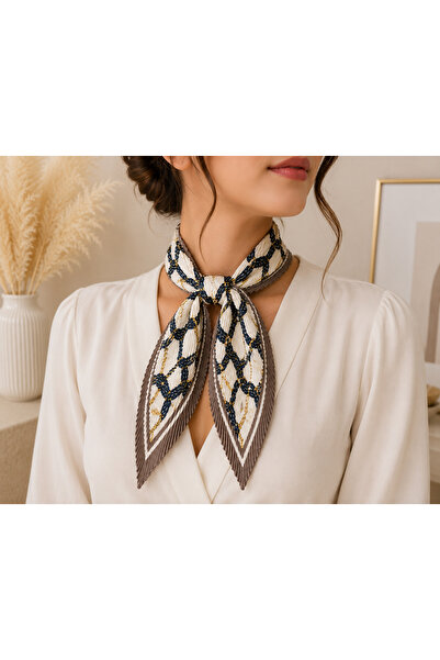 Bymiel Women's Chain Patterned Pleated Scarf 90X40 cm – Cream Navy Blue Gold ...