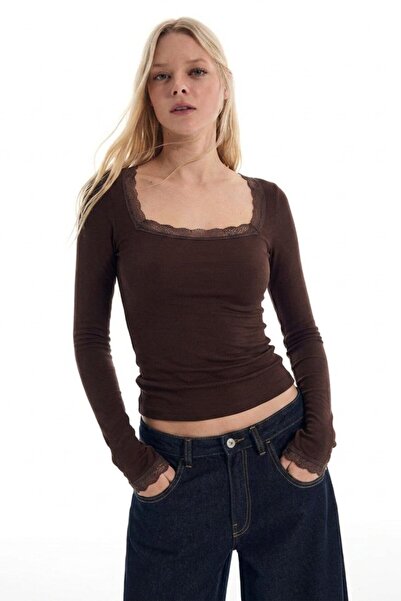 DAMGA JEANS Γυναικεία δαντελωτή μπλούζα Premium καλοκαιρινή σε καφέ απόχρωση