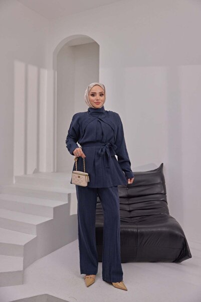 Bwest طقم كتان - أزرق داكن