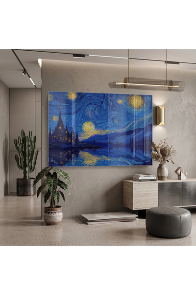 KOLAJTASARIM Starry Night Blue Yellow Tabla de sticlă unică pentru sufragerie...
