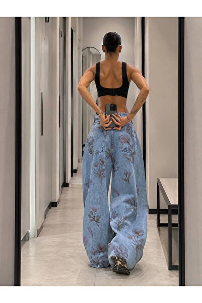 DENİKK Trend Special Design Flower-Patterned Wide-Leg Palazzo Denim Jeans - T...