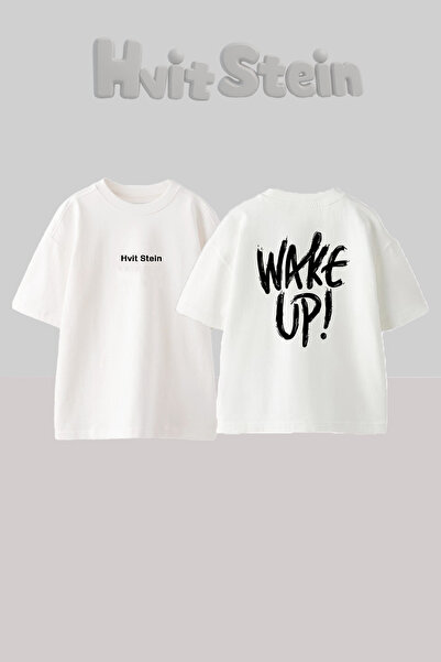 Hvit Stein تي شيرت أبيض كبير الحجم من القطن مطبوع عليه تصميم Wake Up
