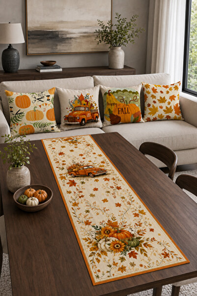 Bebişim Halı Orange Pumpkin and Truck Fall Patterned Runner and Set of 4 Throw Pillow Covers
