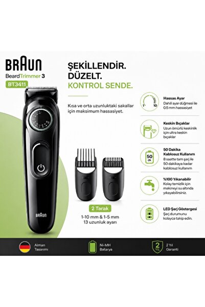 Braun Series 3 BT3411 Sakal Düzeltici Tıraş Makinesi Ayarlanabilir Tarak Ergo...