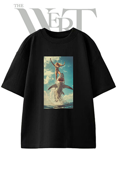 THEWERT Woman Shark Design Printed Unisex Black Oversize T-Shirt