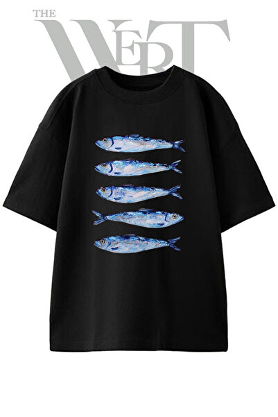 THEWERT Sardine Painting Design Printed Unisex Black Oversize T-Shirt