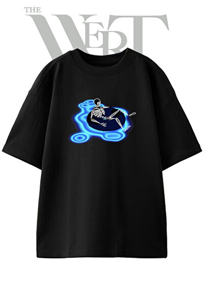 THEWERT Neon Skeleton Design Printed Unisex Black Oversize T-Shirt