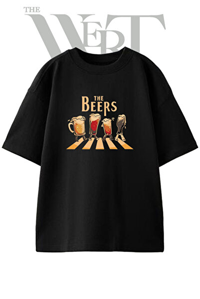 THEWERT Beer Abbey Road Design Printed Unisex Black Oversize T-Shirt