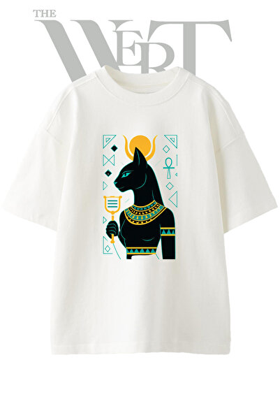 THEWERT Bastet Tanrica Design Printed Unisex White Oversize T-Shirt