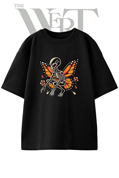 THEWERT Tricou oversize negru unisex cu imprimeu cu design schelet de fluture...