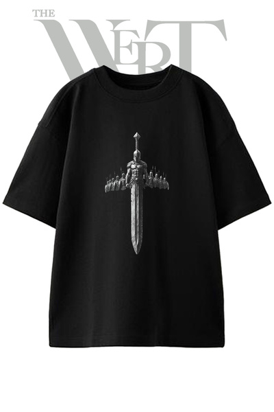 THEWERT Tricou oversize negru unisex cu imprimeu Spartan Kilic Design