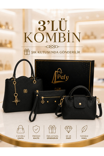 PefyBaby 3-Piece Women's Bag Set: Black Shoulder Bag, Mini Bag, and Portfolio...