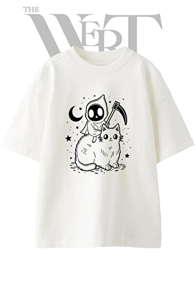 THEWERT Reaper Cat Design Printed Unisex White Oversize T-Shirt
