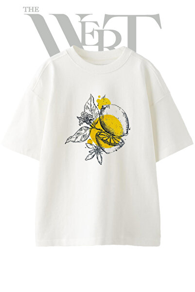 THEWERT Tricou oversize alb unisex cu imprimeu Lemon Sketch Design